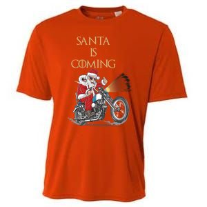 Santa Is Coming Cool Funny Santa Claus On Motorcycle Gift Cooling Performance Crew T-Shirt