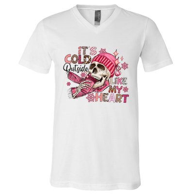 Skeleton It's Cold Outside Like My Heart Valentine's Day V-Neck T-Shirt