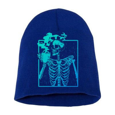 Skeleton Ing Coffee Back Design White Funny Gift Short Acrylic Beanie