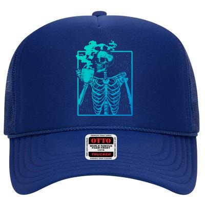 Skeleton Ing Coffee Back Design White Funny Gift High Crown Mesh Back Trucker Hat