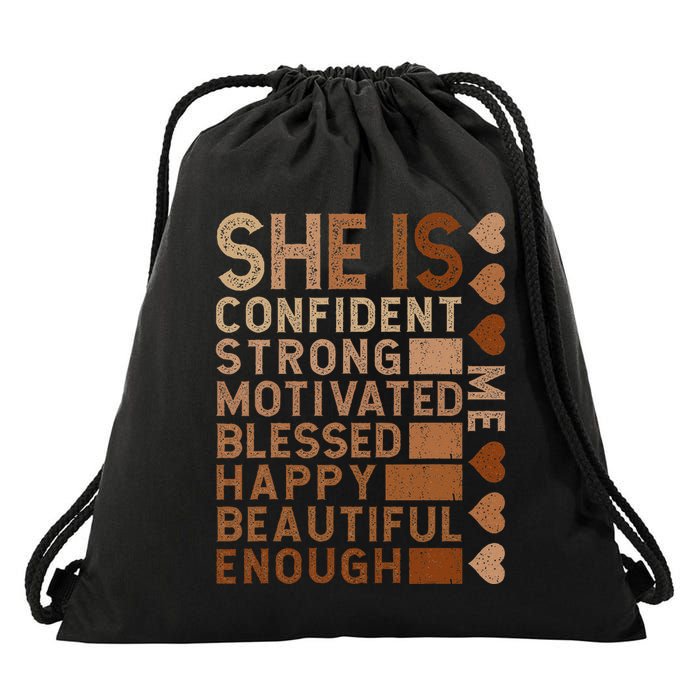 She Is Confident Strong Motivated Happy Beautiful Drawstring Bag