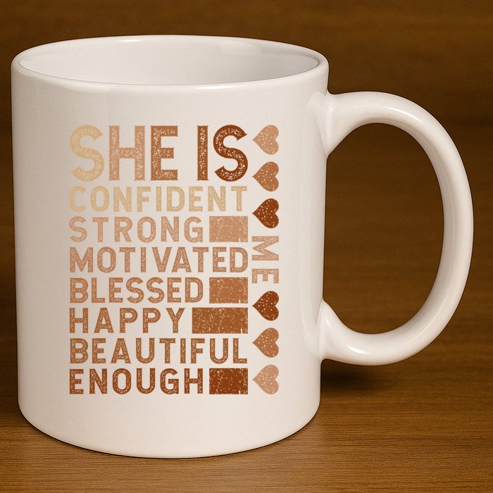 She Is Confident Strong Motivated Happy Beautiful 11oz C Handle Ceramic Mug