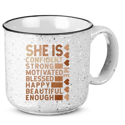 She Is Confident Strong Motivated Happy Beautiful 15oz Campfire Ceramic Mug