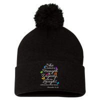 She Is Clothed Strength & Dignity Proverbs Pom Pom 12in Knit Beanie