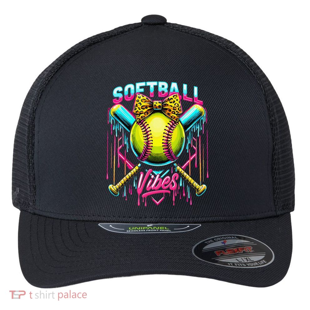 Softball Ice Cream Drip Coquette Bow Softball Vibes Flexfit Unipanel Trucker Cap