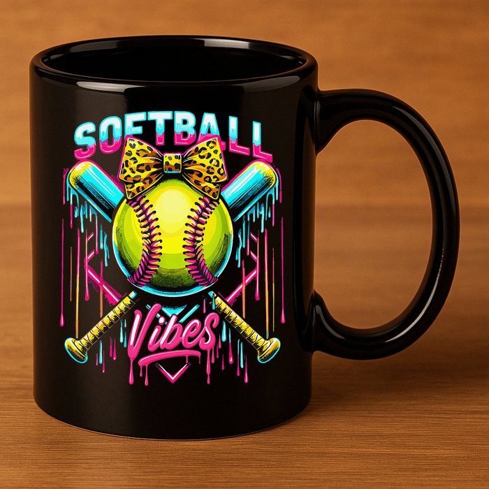 Softball Ice Cream Drip Coquette Bow Softball Vibes 11oz C Handle Ceramic Mug