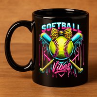 Softball Ice Cream Drip Coquette Bow Softball Vibes 11oz C Handle Ceramic Mug