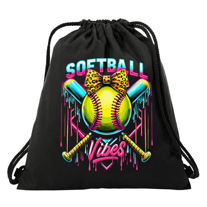 Softball Ice Cream Drip Coquette Bow Softball Vibes Drawstring Bag