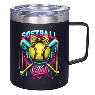 Softball Ice Cream Drip Coquette Bow Softball Vibes 12oz Stainless Steel Coffee Mug