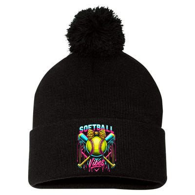 Softball Ice Cream Drip Coquette Bow Softball Vibes Pom Pom 12in Knit Beanie