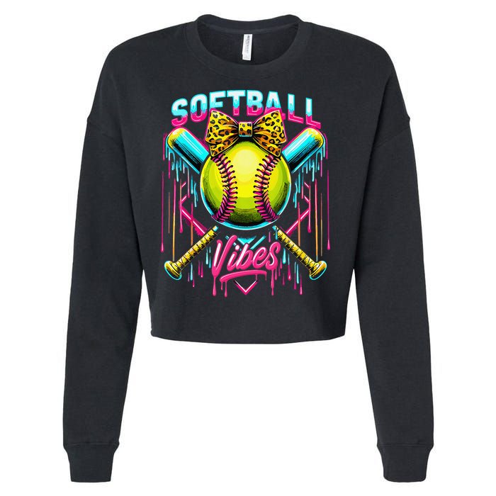 Softball Ice Cream Drip Coquette Bow Softball Vibes Cropped Pullover Crew