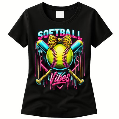 Softball Ice Cream Drip Coquette Bow Softball Vibes Womens T-Shirt