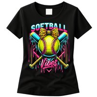 Softball Ice Cream Drip Coquette Bow Softball Vibes Womens T-Shirt