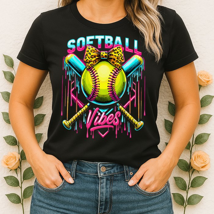 Softball Ice Cream Drip Coquette Bow Softball Vibes Womens T-Shirt
