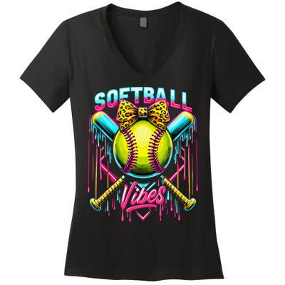 Softball Ice Cream Drip Coquette Bow Softball Vibes Women's V-Neck T-Shirt