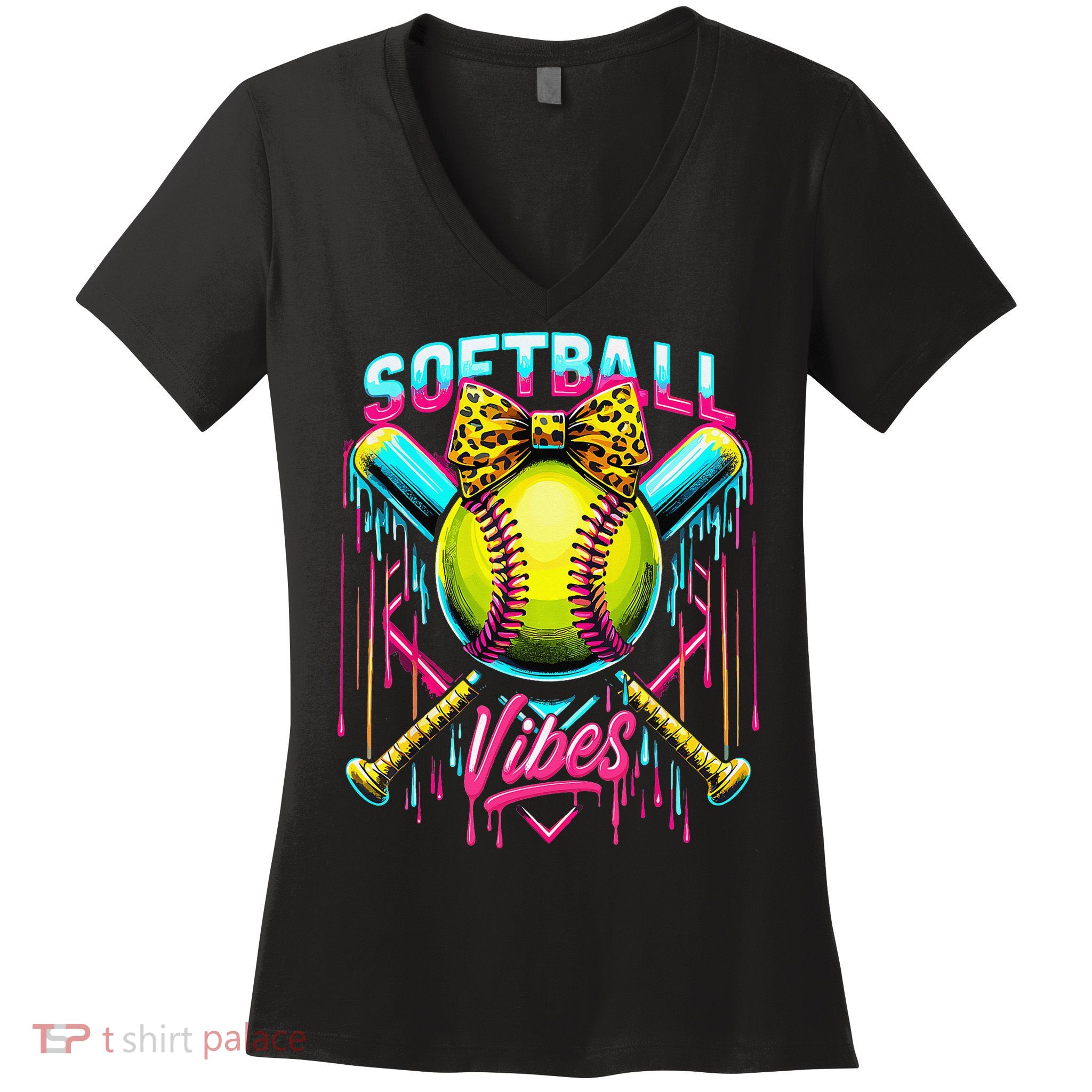 Softball Ice Cream Drip Coquette Bow Softball Vibes Women's V-Neck T-Shirt