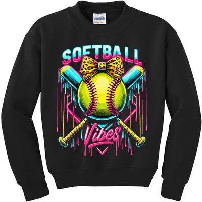 Softball Ice Cream Drip Coquette Bow Softball Vibes Kids Sweatshirt