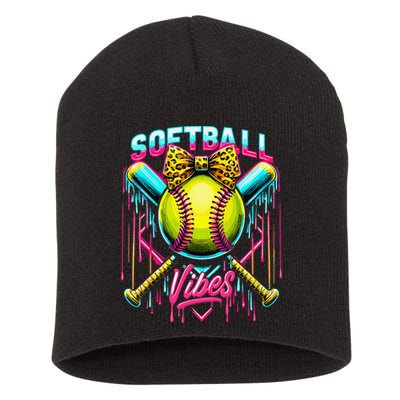 Softball Ice Cream Drip Coquette Bow Softball Vibes Short Acrylic Beanie
