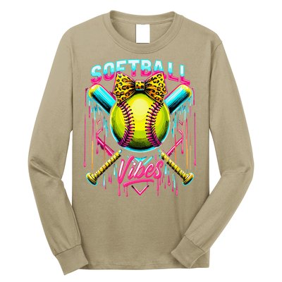 Softball Ice Cream Drip Coquette Bow Softball Vibes Long Sleeve Shirt
