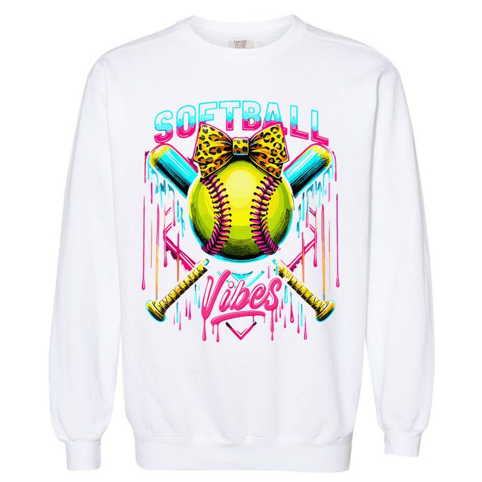 Softball Ice Cream Drip Coquette Bow Softball Vibes Garment-Dyed Sweatshirt