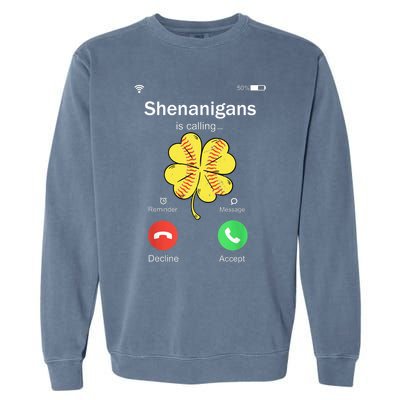 Shenanigans Is Calling St Patricks Day Baseball Shamrock Gift Garment-Dyed Sweatshirt