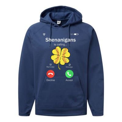 Shenanigans Is Calling St Patricks Day Baseball Shamrock Gift Performance Fleece Hoodie