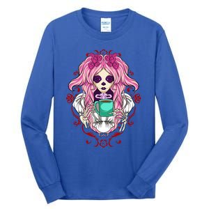 Skeleton Ing Cup Of Coffee Need Morning Coffee Gift Tall Long Sleeve T-Shirt