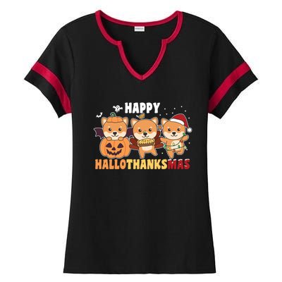 Shiba Inu Christmas Halloween Happy Hallothanksmas Cute Gift Ladies Halftime Notch Neck Tee