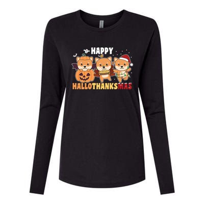 Shiba Inu Christmas Halloween Happy Hallothanksmas Cute Gift Womens Cotton Relaxed Long Sleeve T-Shirt