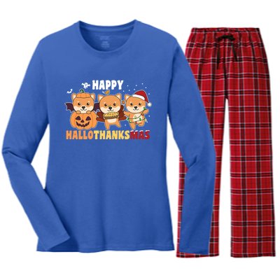 Shiba Inu Christmas Halloween Happy Hallothanksmas Cute Gift Women's Long Sleeve Flannel Pajama Set 