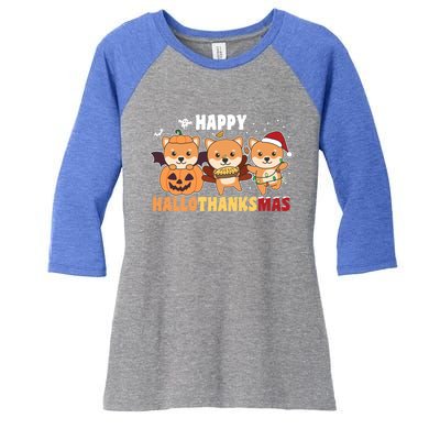 Shiba Inu Christmas Halloween Happy Hallothanksmas Cute Gift Women's Tri-Blend 3/4-Sleeve Raglan Shirt