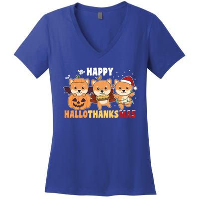 Shiba Inu Christmas Halloween Happy Hallothanksmas Cute Gift Women's V-Neck T-Shirt