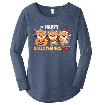 Shiba Inu Christmas Halloween Happy Hallothanksmas Cute Gift Women's Perfect Tri Tunic Long Sleeve Shirt