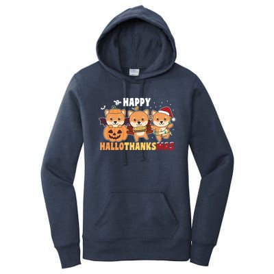 Shiba Inu Christmas Halloween Happy Hallothanksmas Cute Gift Women's Pullover Hoodie