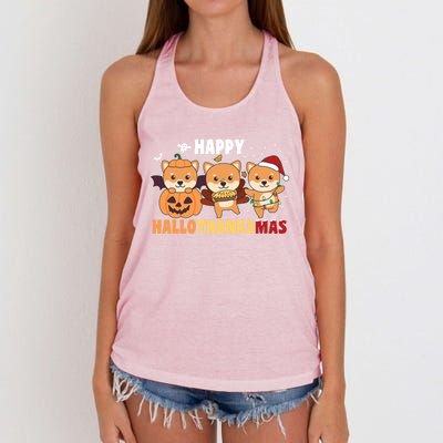 Shiba Inu Christmas Halloween Happy Hallothanksmas Cute Gift Women's Knotted Racerback Tank