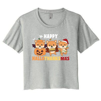 Shiba Inu Christmas Halloween Happy Hallothanksmas Cute Gift Women's Crop Top Tee