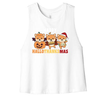 Shiba Inu Christmas Halloween Happy Hallothanksmas Cute Gift Women's Racerback Cropped Tank