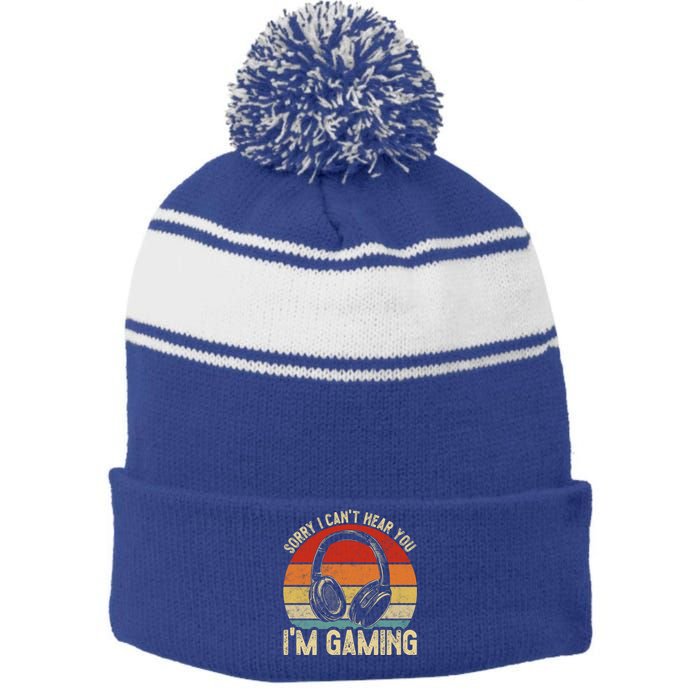 Sorry I Can't Hear You I'm Gaming Funny Gamer Gaming Vintage Gift Stripe Pom Pom Beanie