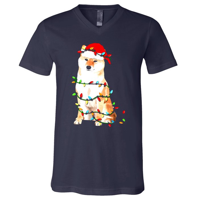 Shiba Inu Christmas Dog Lover Puppy Lights Xmas V-Neck T-Shirt