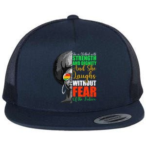 She Is Clothed Strength Dignity Laughs Without Fear Future Funny Gift Flat Bill Trucker Hat