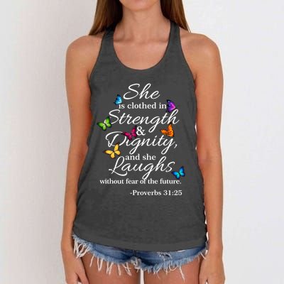 She Is Clothed Strength And Dignity Proverbs 31:25 Gift Women's Knotted Racerback Tank