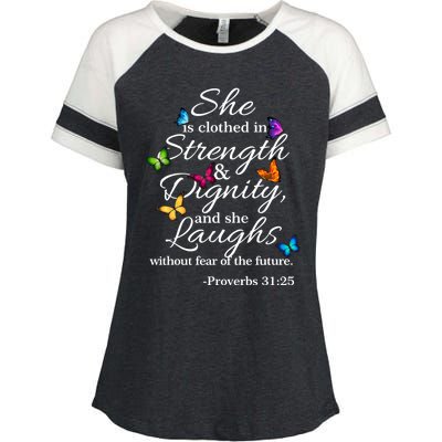 She Is Clothed Strength And Dignity Proverbs 31:25 Gift Enza Ladies Jersey Colorblock Tee