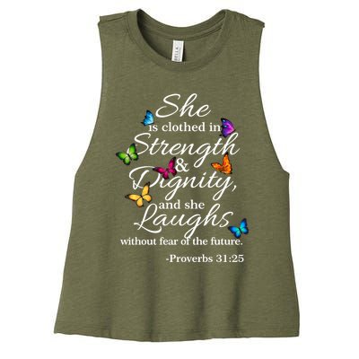 She Is Clothed Strength And Dignity Proverbs 31:25 Gift Women's Racerback Cropped Tank