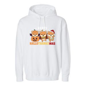 Shiba Inu Christmas Halloween Happy Hallothanksmas Gift Garment-Dyed Fleece Hoodie