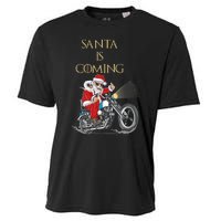 Santa Is Coming Cool Funny Santa Claus On Motorcycle Cooling Performance Crew T-Shirt