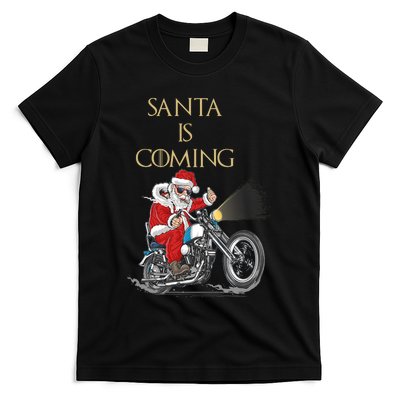 Santa Is Coming Cool Funny Santa Claus On Motorcycle T-Shirt