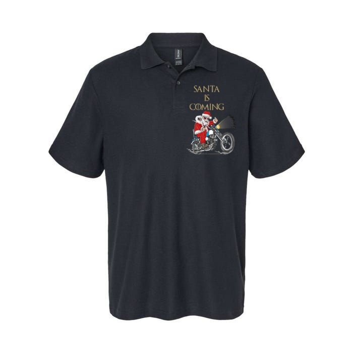 Santa Is Coming Cool Funny Santa Claus On Motorcycle Softstyle Adult Sport Polo