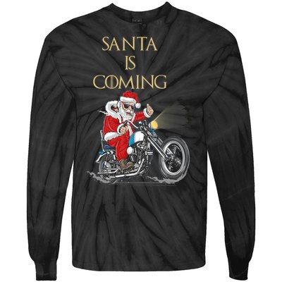 Santa Is Coming Cool Funny Santa Claus On Motorcycle Tie-Dye Long Sleeve Shirt