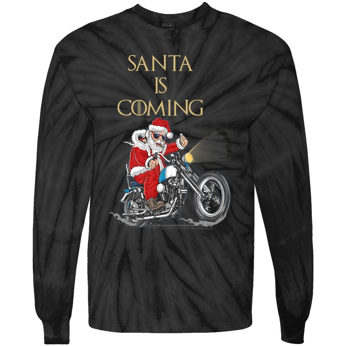 Santa Is Coming Cool Funny Santa Claus On Motorcycle Tie-Dye Long Sleeve Shirt