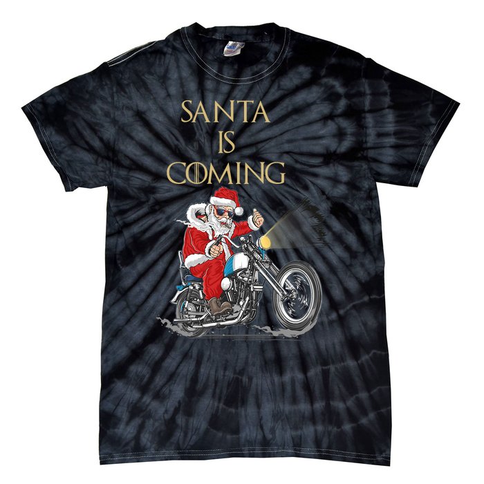 Santa Is Coming Cool Funny Santa Claus On Motorcycle Tie-Dye T-Shirt